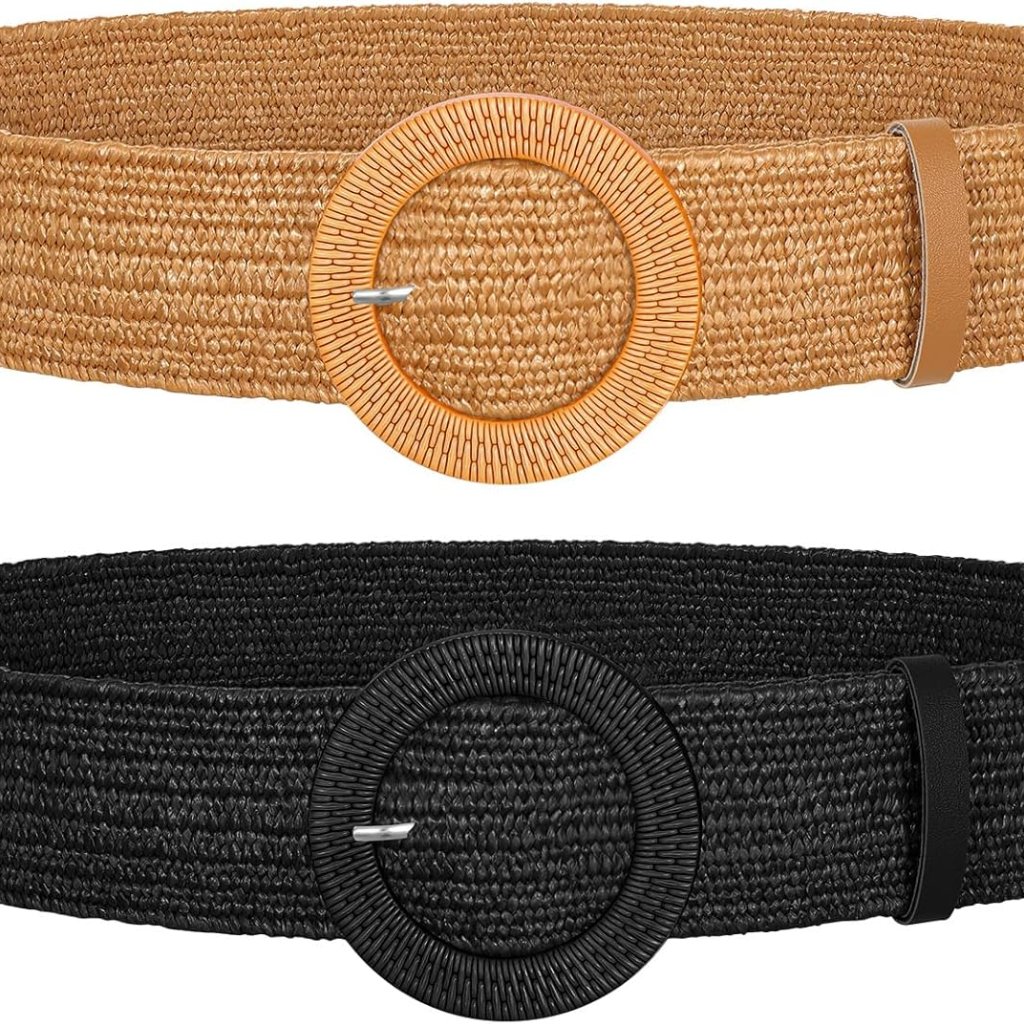 2 Pack Straw Woven Elastic Belt Braided Stretch Wide Boho Rattan Waist Belt For